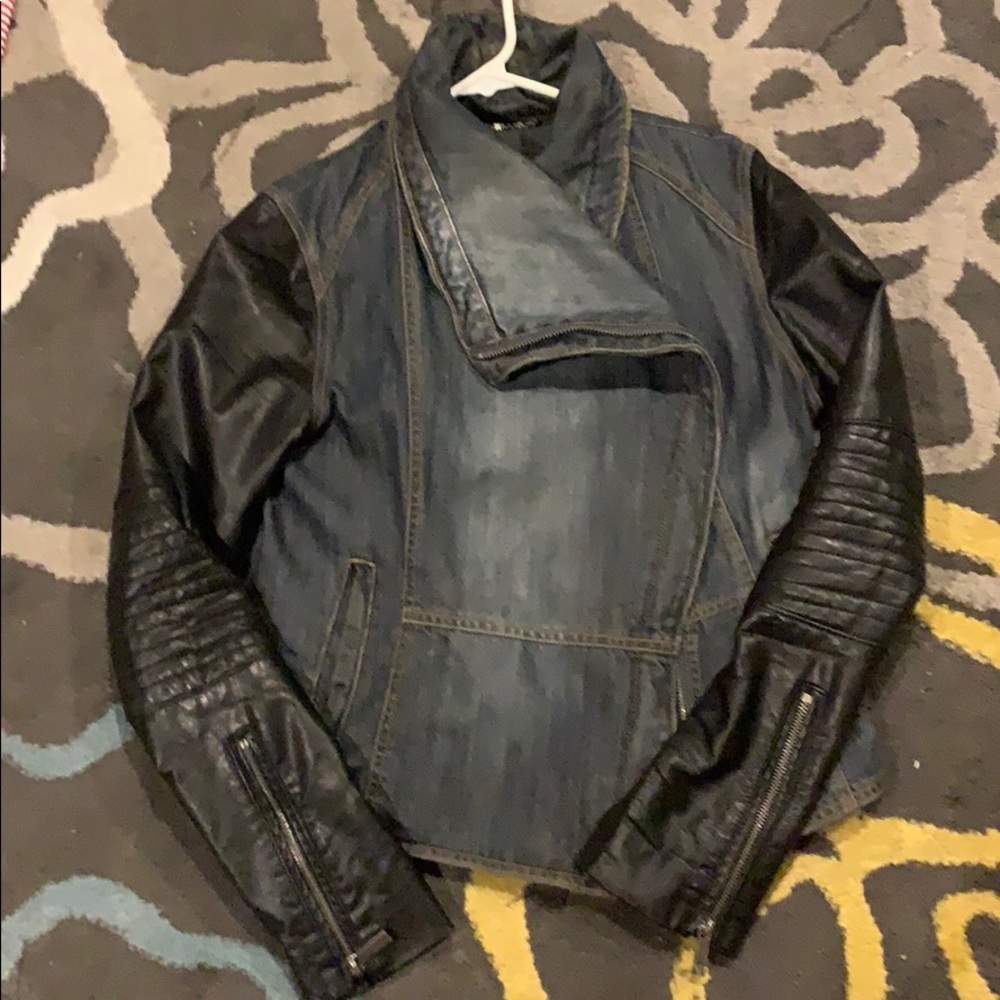 BCBG -Denim and Leather Sleeve Moto Jacket